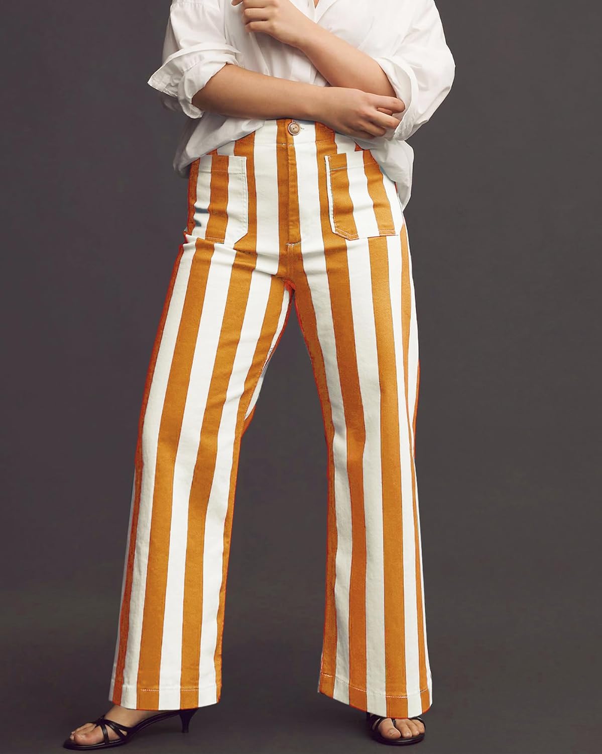 Kedera Women's Striped Pants Wide Leg Trousers Casual High Waisted Fun Pants Flare Jeans with Patched Pockets