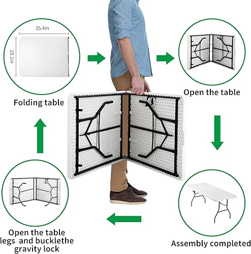 Miniatura 4 de Mesa plegable portátil de plástico de 6 pies y 71 pulgadas, parte superior resistente con asa de transporte, interior y exterior, patio, camping,