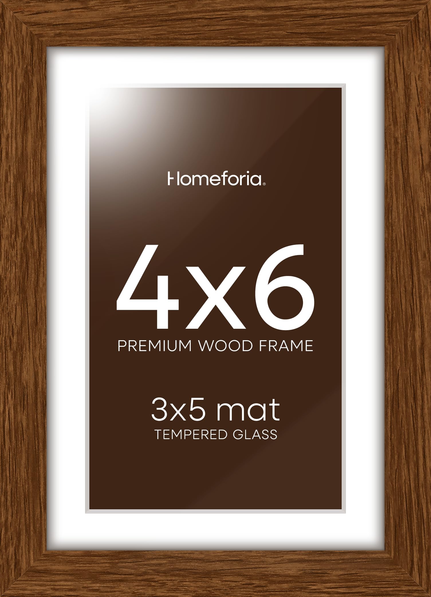 Homeforia 4x6 Brown Oak Picture Frame, High-End Wood, 3x5 Mat, Glass | High End Solid Oak Wood, Tempered Glass, Acid-Free 3x5 Removable Mat, 4x6 Edge-to-Edge Display 6x4, Wall Kit, Set Of 1