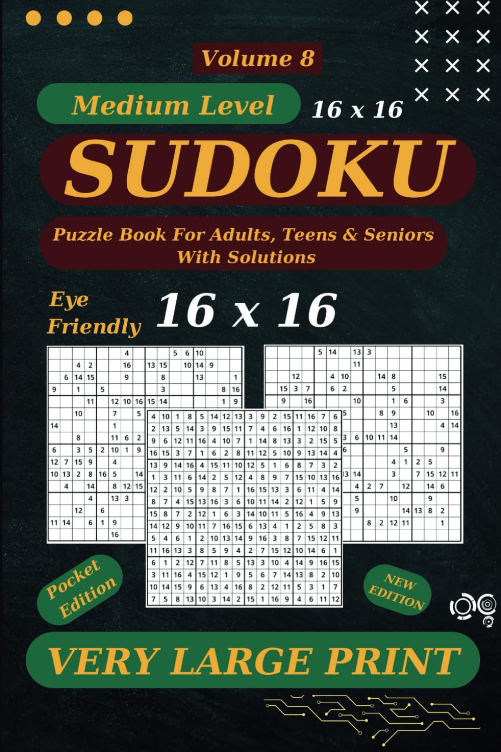 Sharp Minds Sudoku Puzzle Book for Adults and Seniors, 16 x 16 Grid: 50 Extra Large Print, Medium Level Sudoku With Solutions