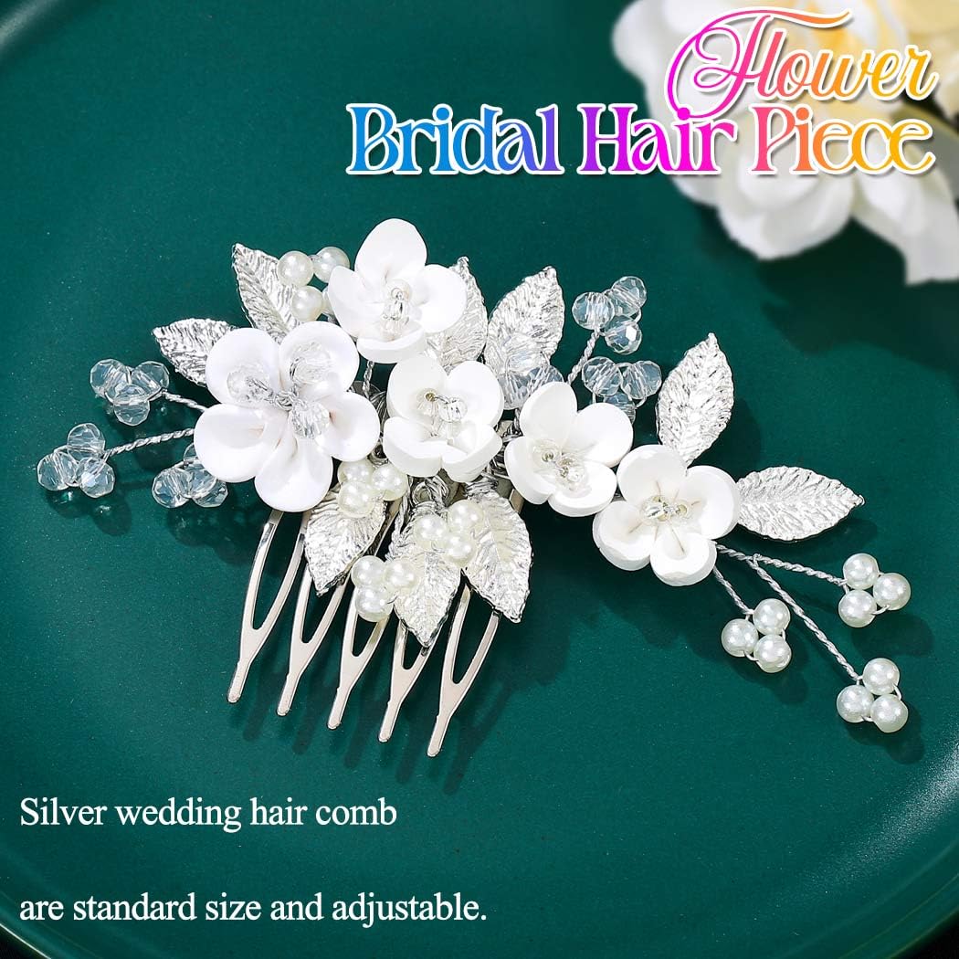 Flower Wedding Hair Comb Silver Leaf Hair Piece Pearl Bridal Hair Accessories for Women and Girls (Silver) - Image 2