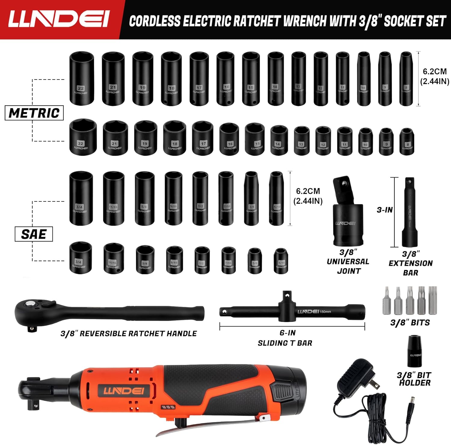 LLNDEI 3/8" 58Pcs Cordless Electric Ratchet Wrench Set with Socket Set,12V High Capacity Electric Wrench(40FT-LBS(55N.M)) with Adjustable Speed, LED Light for Battery.