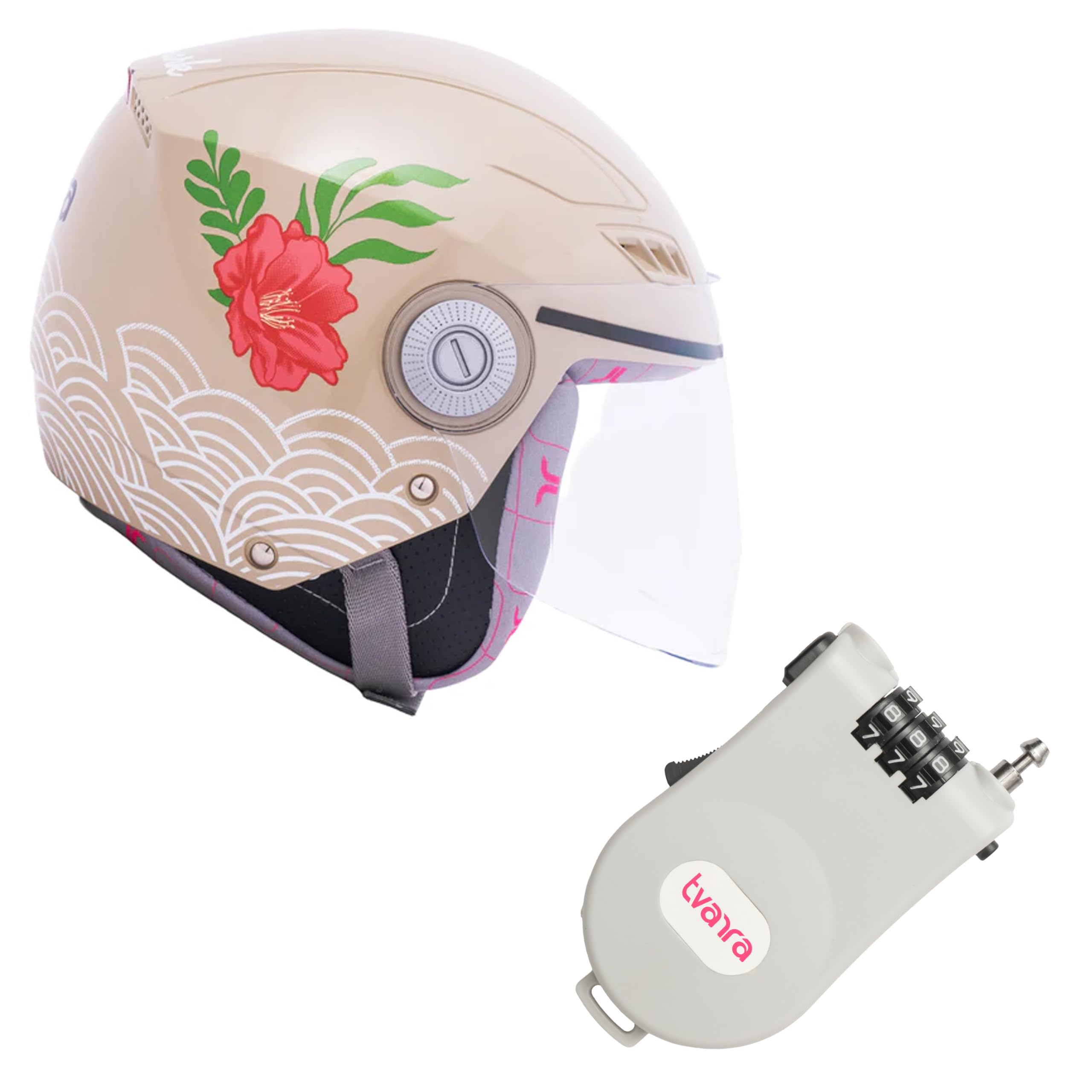 Lilt Beige Women’s ISI Certified Open Face Helmet with Cloud Grey Lock Combo, Lightweight, Clear Visor, Comfortable Fit (Small)-image-45