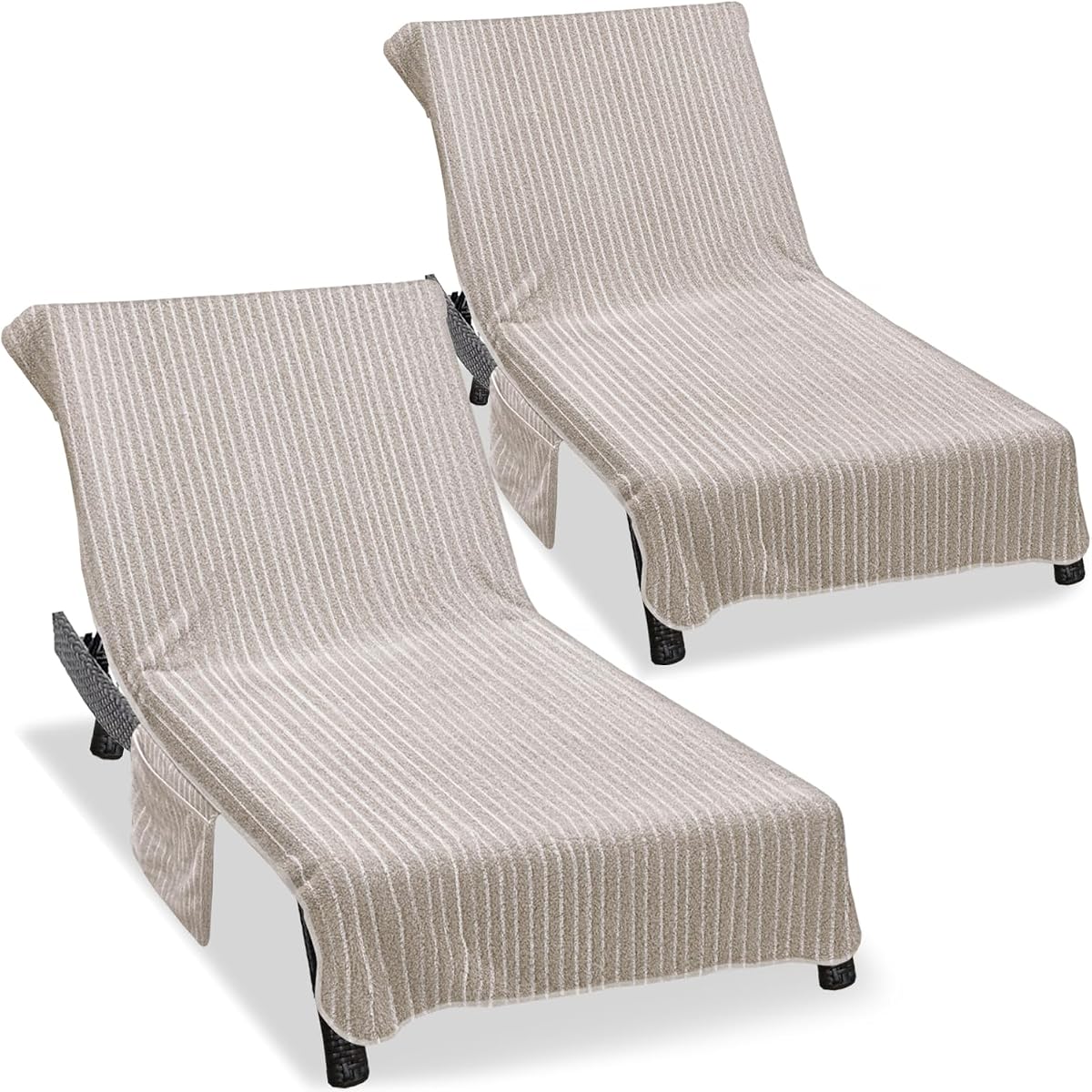 Lounge Chair Towel Cover (Pack of 2), Ultra Plush & Absorbent Micro Fleece Chair Towel for Pool, Beach, Patio & Garden|Quick Dry, Non-Slip Design with 2 Side Pockets|85" x 30"-Brown White