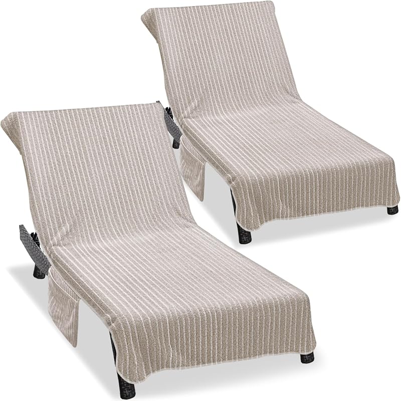 Lounge Chair Towel Cover (Pack of 2), Ultra Plush & Absorbent Micro Fleece Chair Towel for Pool, Beach, Patio & Garden|Quick Dry, Non-Slip Design with 2 Side Pockets|85" x 30"-Brown White