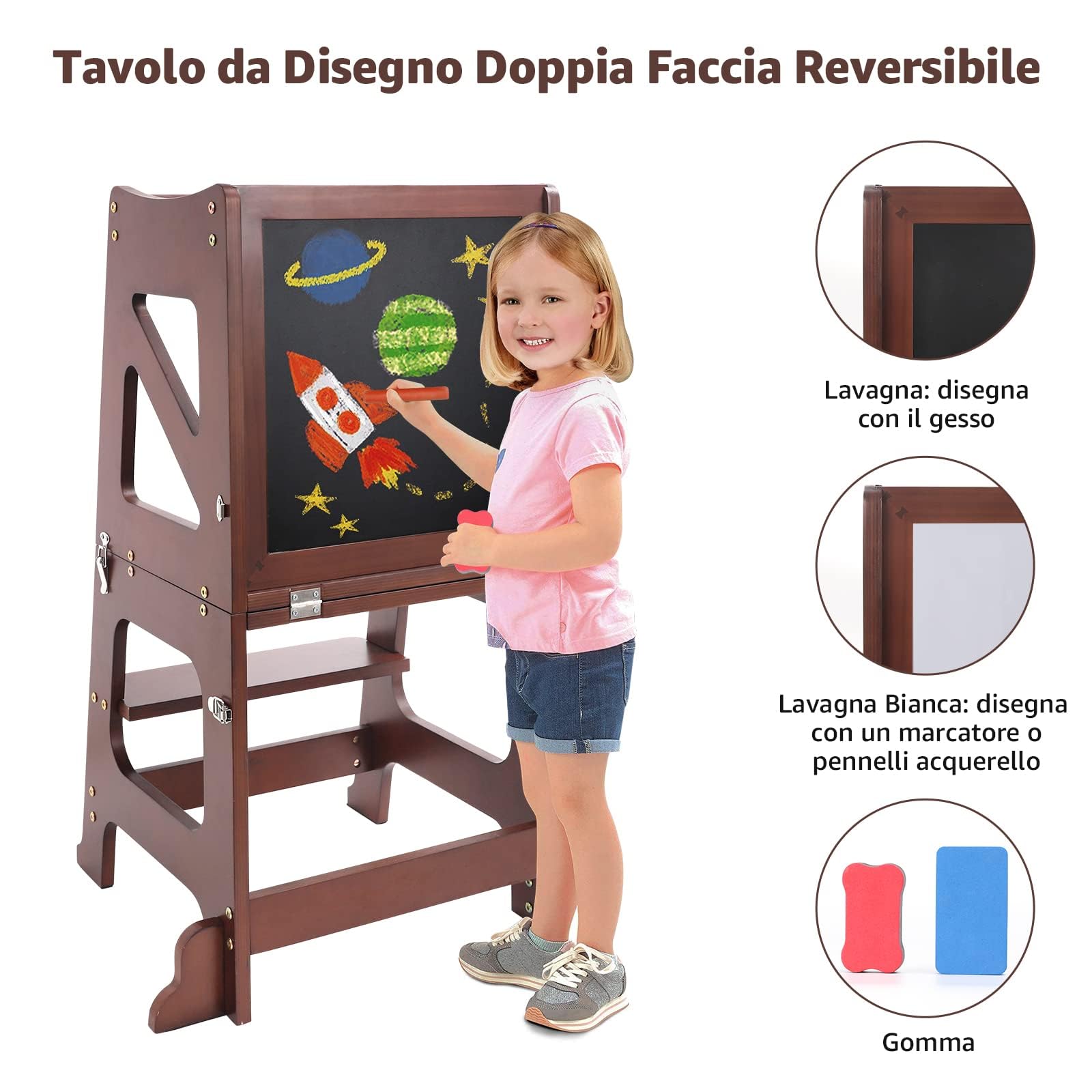 YOLEO Torre Montessoriana Learning Tower Pieghevole, Torre di Apprendimento per Bambini, Pedane Alzabimbo con Lavagna Magnetica Bifacciale, Trasformabile in Banco Scuola (Noce)