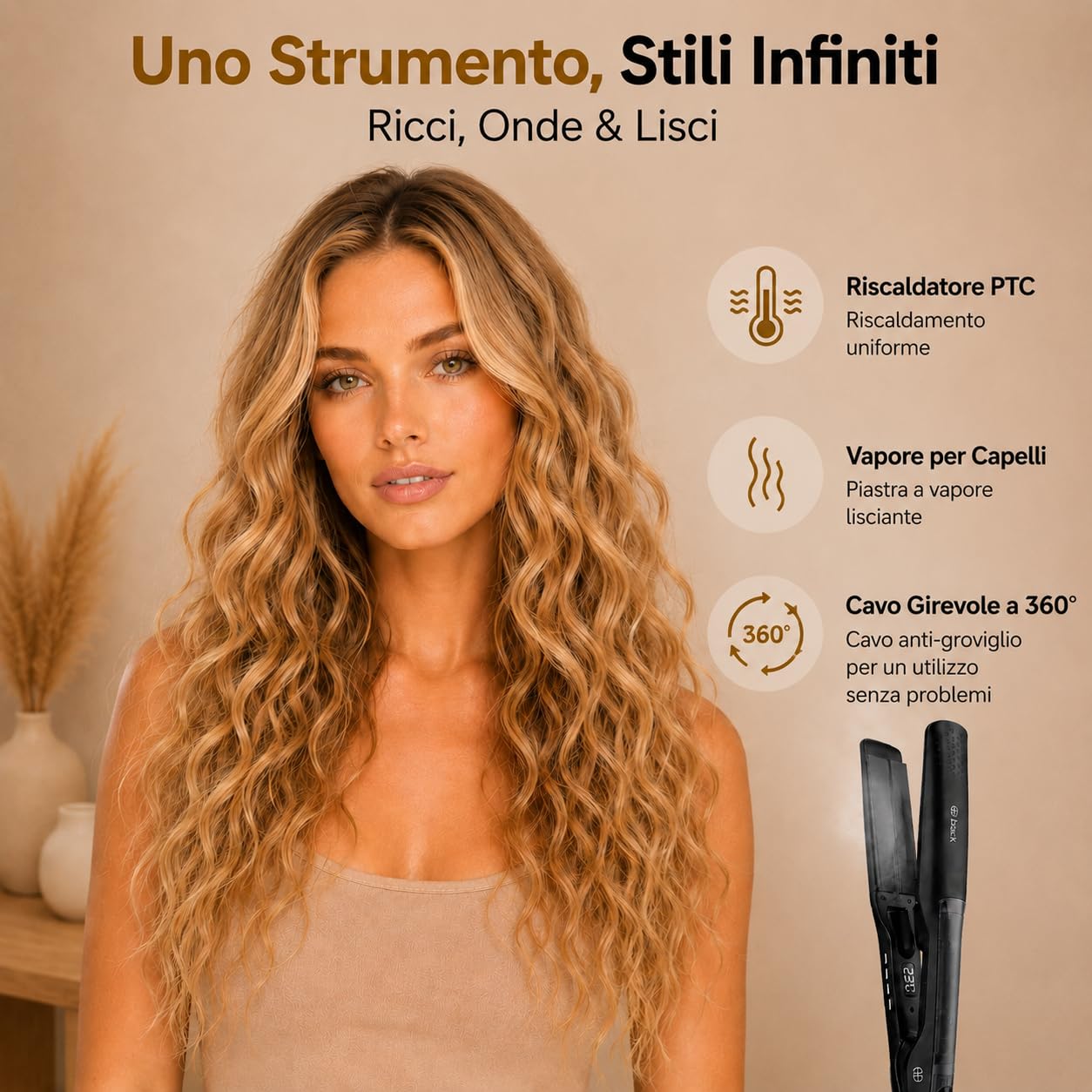 Golden Goods Piastra per capelli 2 in 1 Steampod Pro Vapore potente, Steampod Black Edition per capelli lisci e ricci, piastra capelli