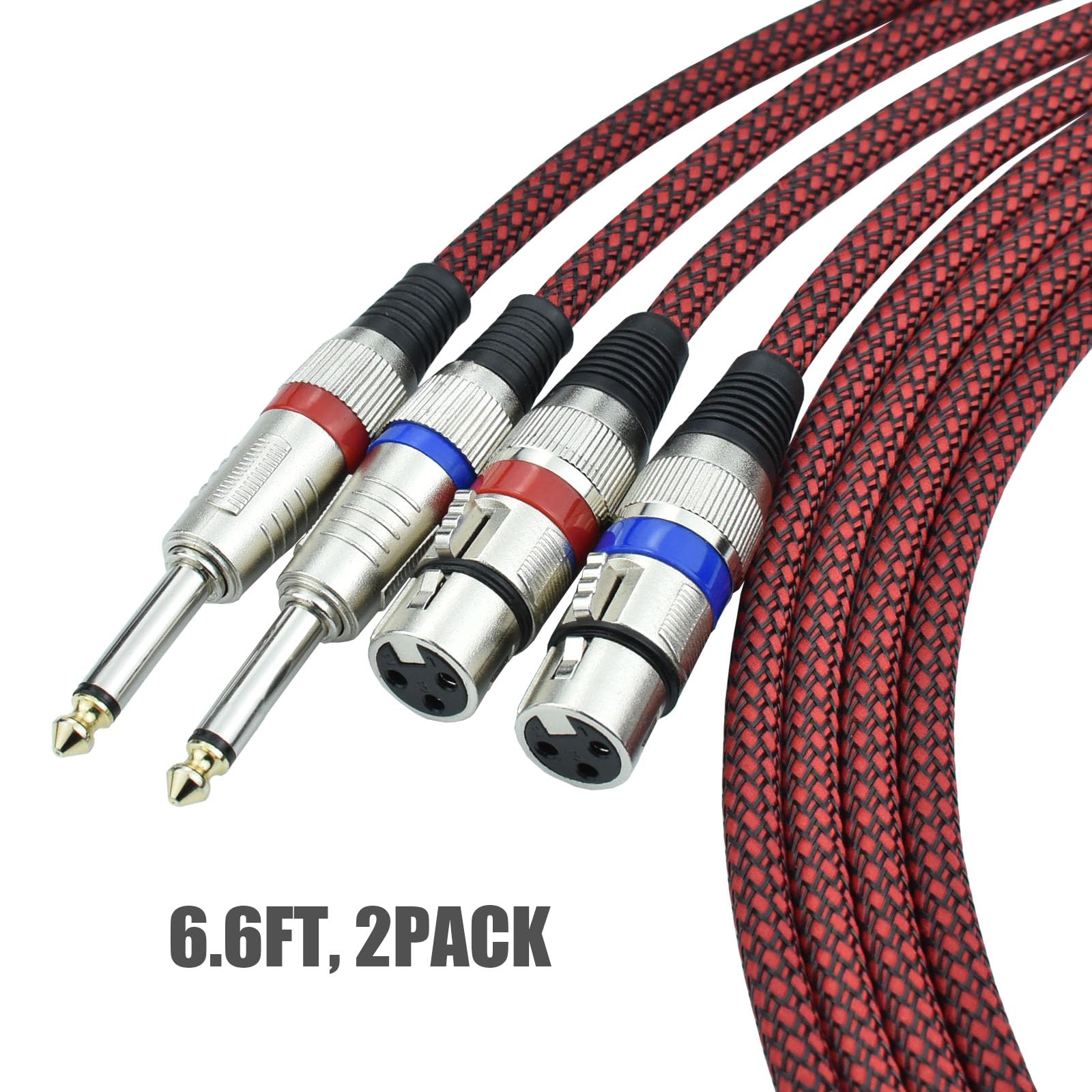 Cavo sbilanciato TS maschio a XLR femmina, cavo mono da 6,35 mm a XLR a 3 pin, schermatura OFC, nylon intrecciato, colore rosso, per mixer/amplificatore/interfaccia audio, confezione da 2