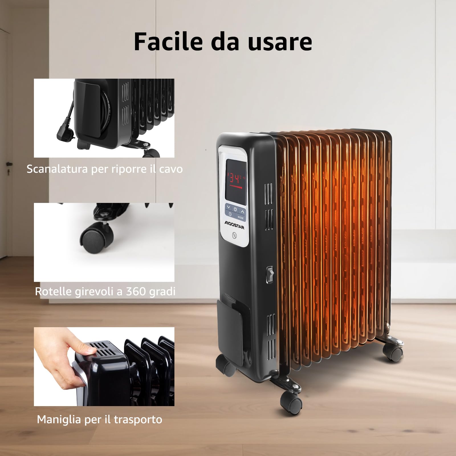 Aigostar Oil Monster 33JHH -Radiatore ad olio da 2500W. Radiatore elettrico 13 elementi con schermo a LED, Telecomando a distanza. Design esclusivo.