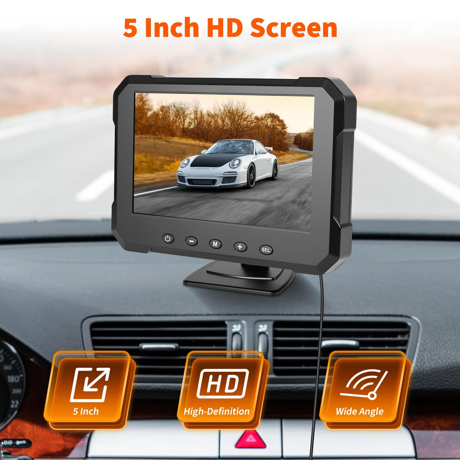 Inefala Zestaw kamer cofania z monitorem HD 5", wodoszczelność IP68, widoczność w nocy, szerokokątna kamera zapasowa z pomocnikiem wstecznym, DC 12 V-24 V do vanów, SUV-ów, ciężarówek