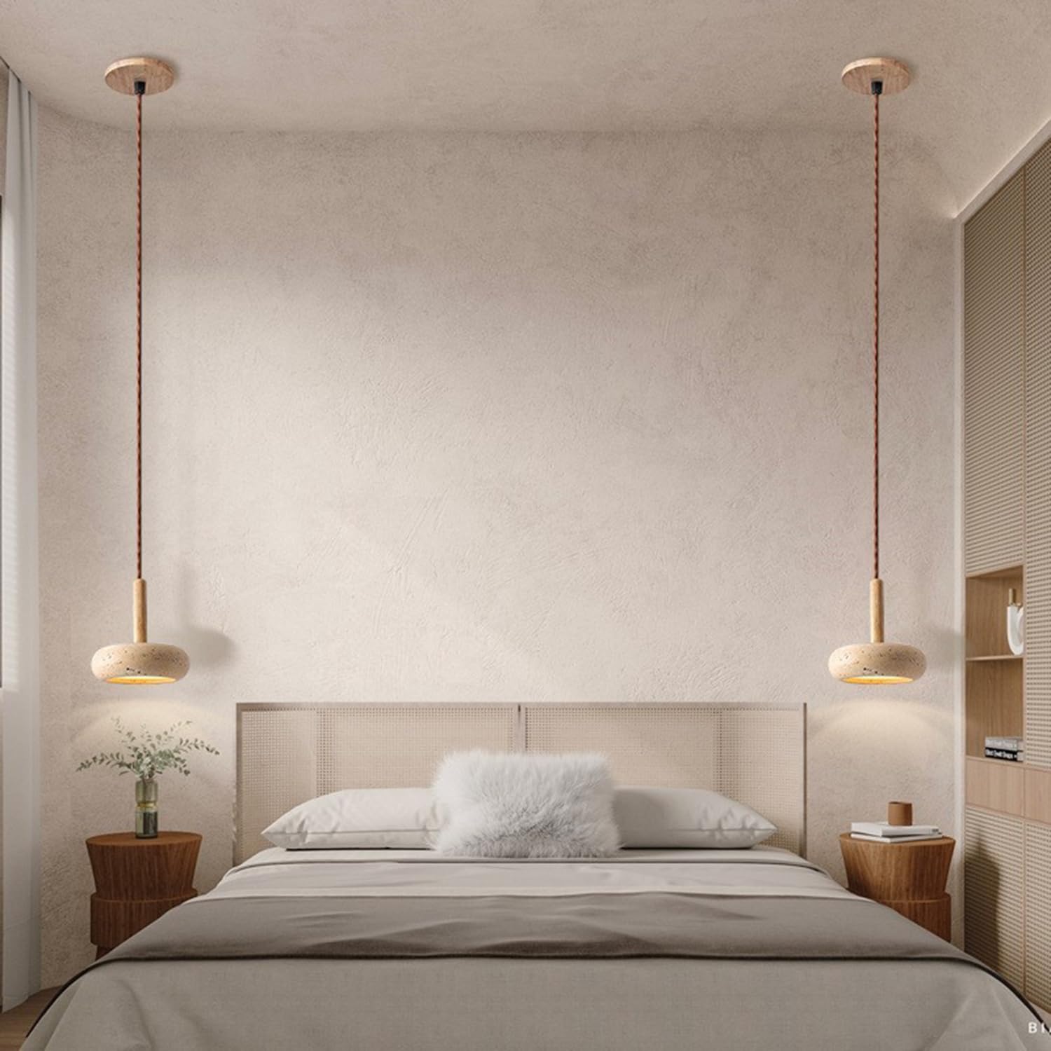 Żółty Trawertyn Wiszący Żyrandol Lampa Wisząca 5,9 Cala Naturalny Porowaty Trawertyn, Drewno, Dekoracja Artystyczna 3 Ściemnialne Lampy W Stylu Wabi-sabi W Stylu Przemysłowym