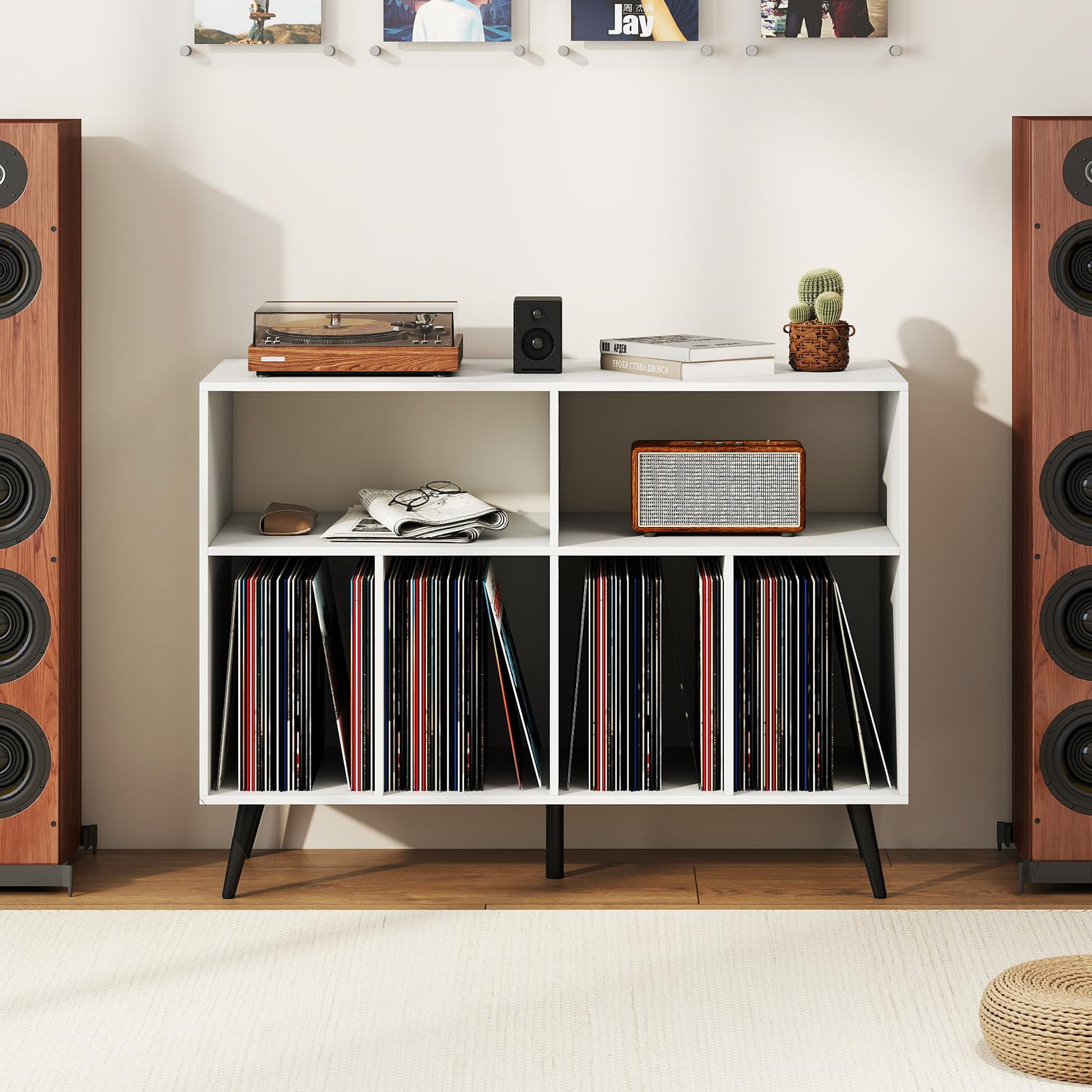 FANTASK Plattenspielerschrank mit 3-stufigem Vinylregal, Plattenspielerständer mit Aufbewahrungsfächern für Schallplatten, Retro Vinyl-Aufbewahrungstisch für Wohnzimmer & Musikzimmer Weiß