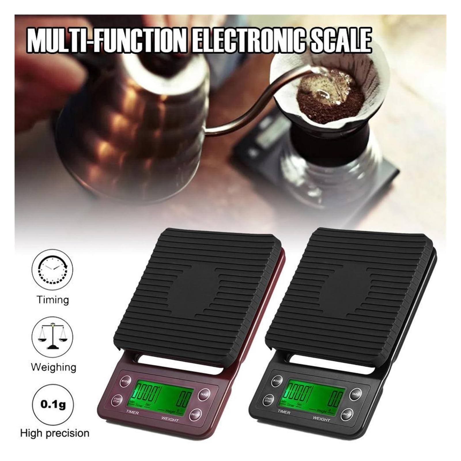Digitale Küchenwaage, 3 Kg, 5, 0,1 G Kaffee Mit Einem Gewicht Von Tropfkaffee, Timer, Präzisions-LCD-Waage Genaue Messung(Red,3Kg)