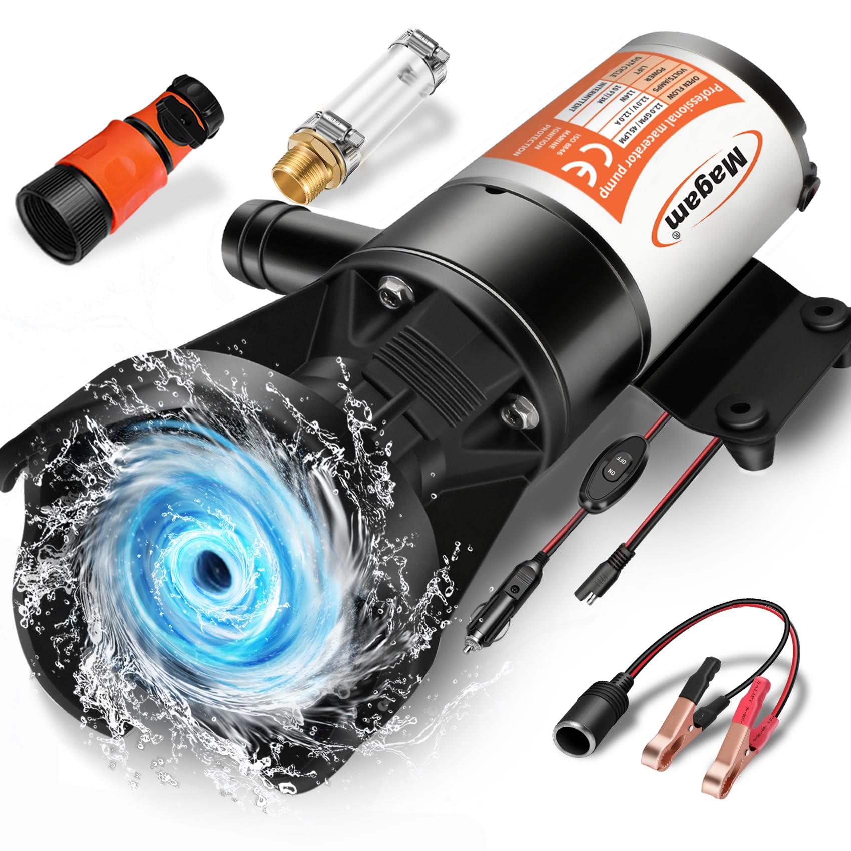 Magam RV Macerator Pump 12V 12GMP, RV Waste Pump with Garden Hose Discharge Port, Quick Release Sewage Pump with Fresh Water Rinse and Manual Crushing Function, for Boat Marine RV Camper