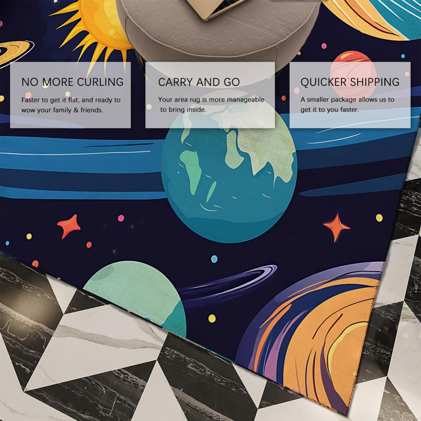 Tappeto dello spazio esterno Tappeto per astronave per la stanza dei ragazzi Tappeto dei cartoni animati Pianeta stellato Zerbino per aula Tappeto per la stanza della scuola materna 60 x 100 cm