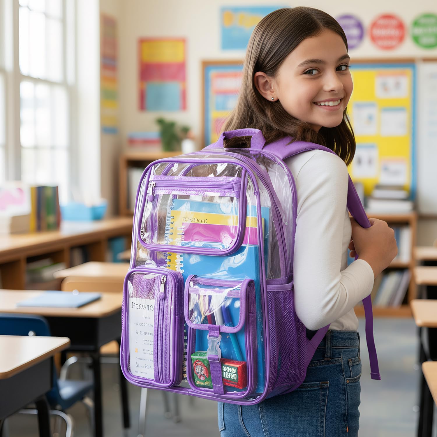 Cusangel Purple Clear Backpack For Grils,16in TPU Large bookbag Heavy Duty See Through Transparent School Bookbag for Sport Event,Stadium Events&Work - Image 3