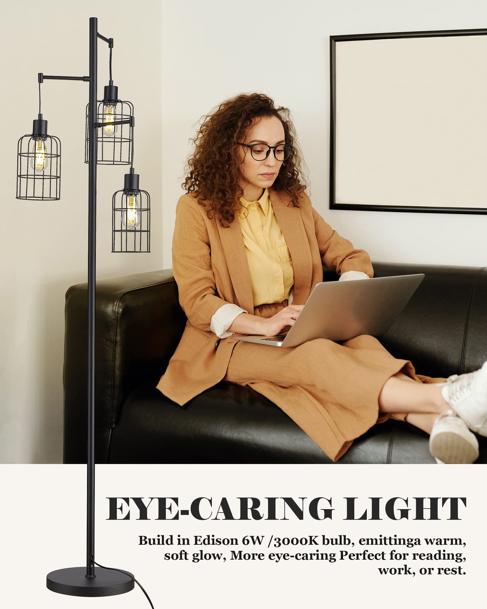 ELYONA Upgraded Industrial Dimmable Floor Lamp 3-Light Tree Standing Light, Metal Cage Shades - Farmhouse 71� Tall Pole Lamp for Living Room,Bedroom,Office Reading, LED Edison Bulbs Included, Black