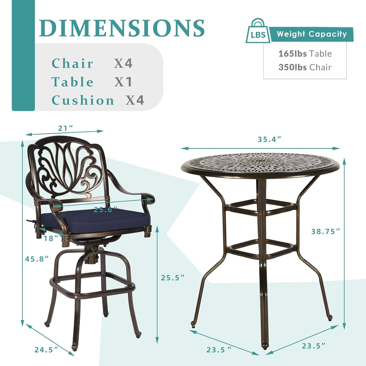 MEETWARM 5-Piece Patio Swivel Bistro Set, All-Weather Cast Aluminum Outdoor High Stool Set for Backyard Garden with 4 Cushioned Bar Chairs with Footrest and 35.4" Bar Table, 2" Umbrella Hole