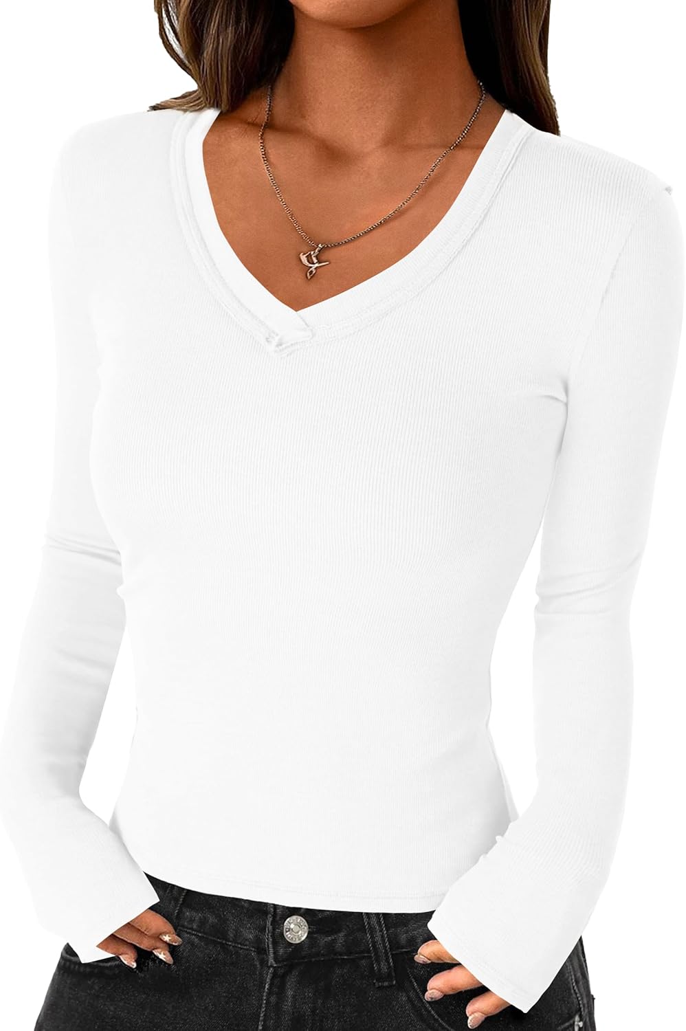 Darong Women Long Sleeve Shirts Rib Knit Slim Fit V Neck Tops Basic Tee 2026 T-Shirt Underscrubs Layer Clothes
