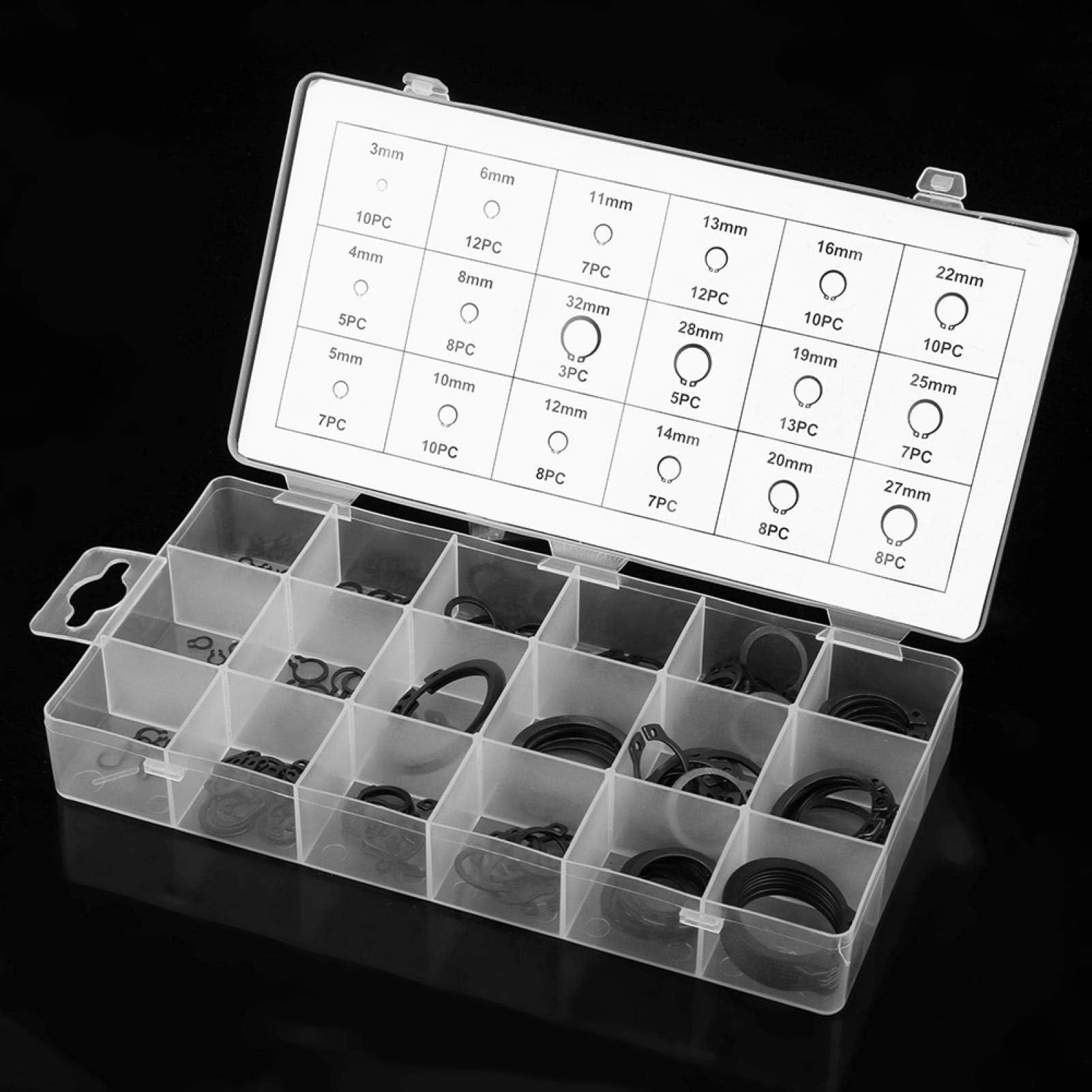 LANTRO JS 150pcs 18 Sizes Circlips Snap Retaining Rings Internal and External C-Clip Snap Ring Assortment Set with Box 3mm - 32mm