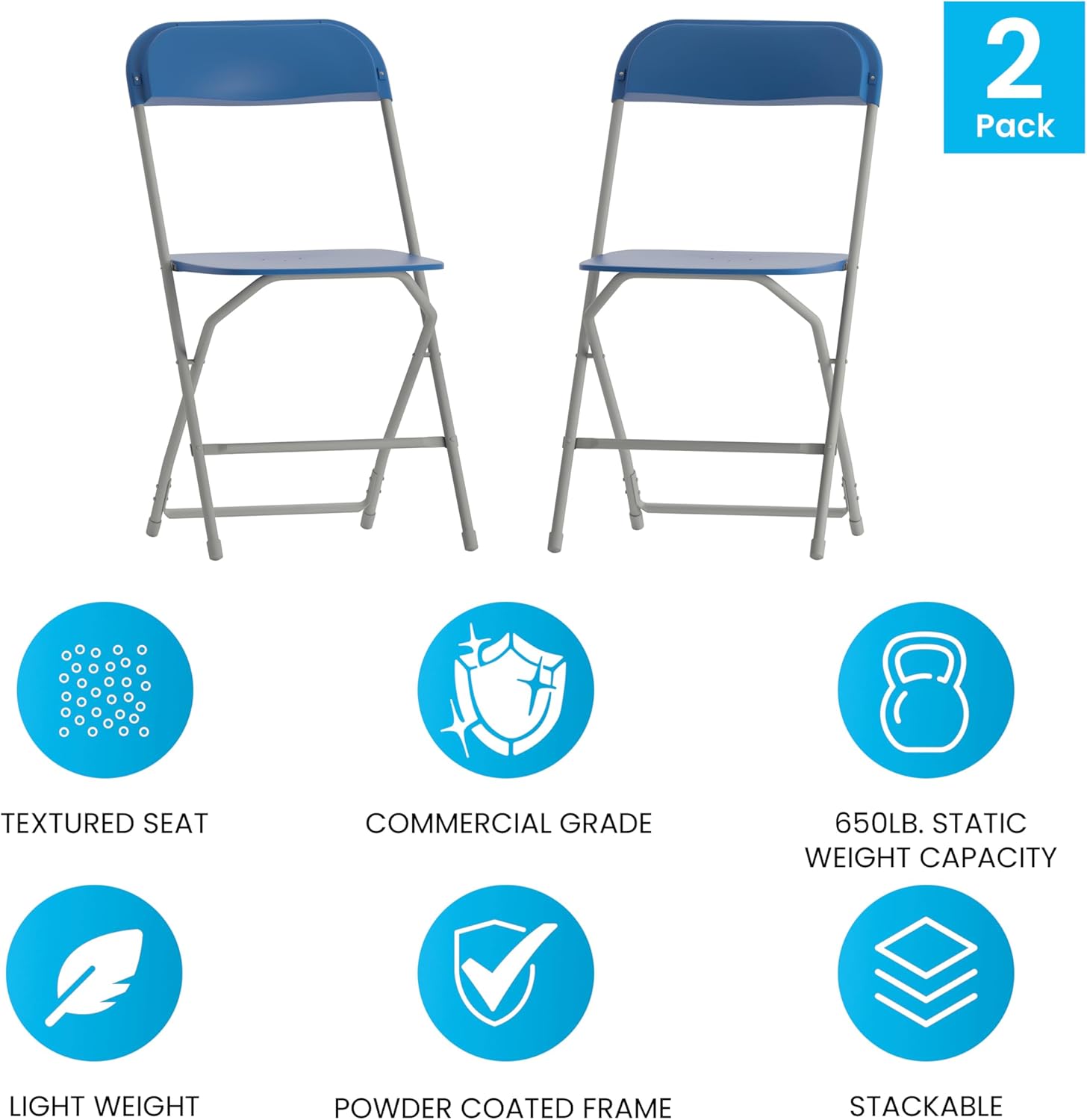 EMMA + OLIVER Set of 2 Plastic Folding Chairs - 650 LB Weight Capacity Lightweight Stackable Folding Chair in Blue