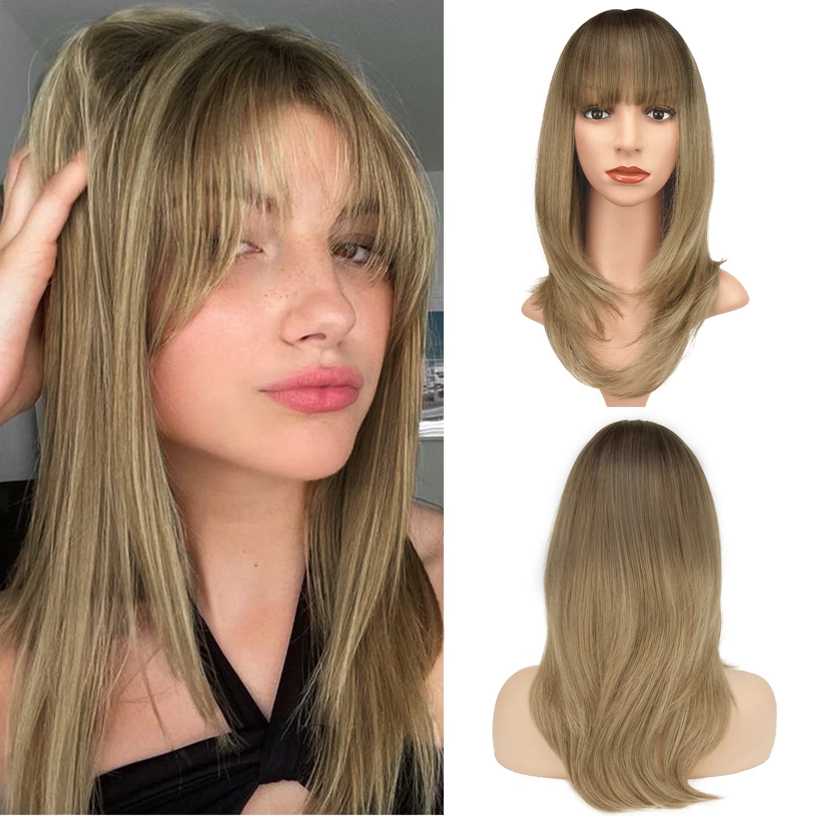 BARSDAR Straight Layered Wigs With Bangs for Women, 20 Inch Fluffy Natural Looking Ombre Blonde Mix Brown Wigs With Fringe Girl's Fashionable Synthetic Hair Wig for Cosplay Party Halloween Daily Use