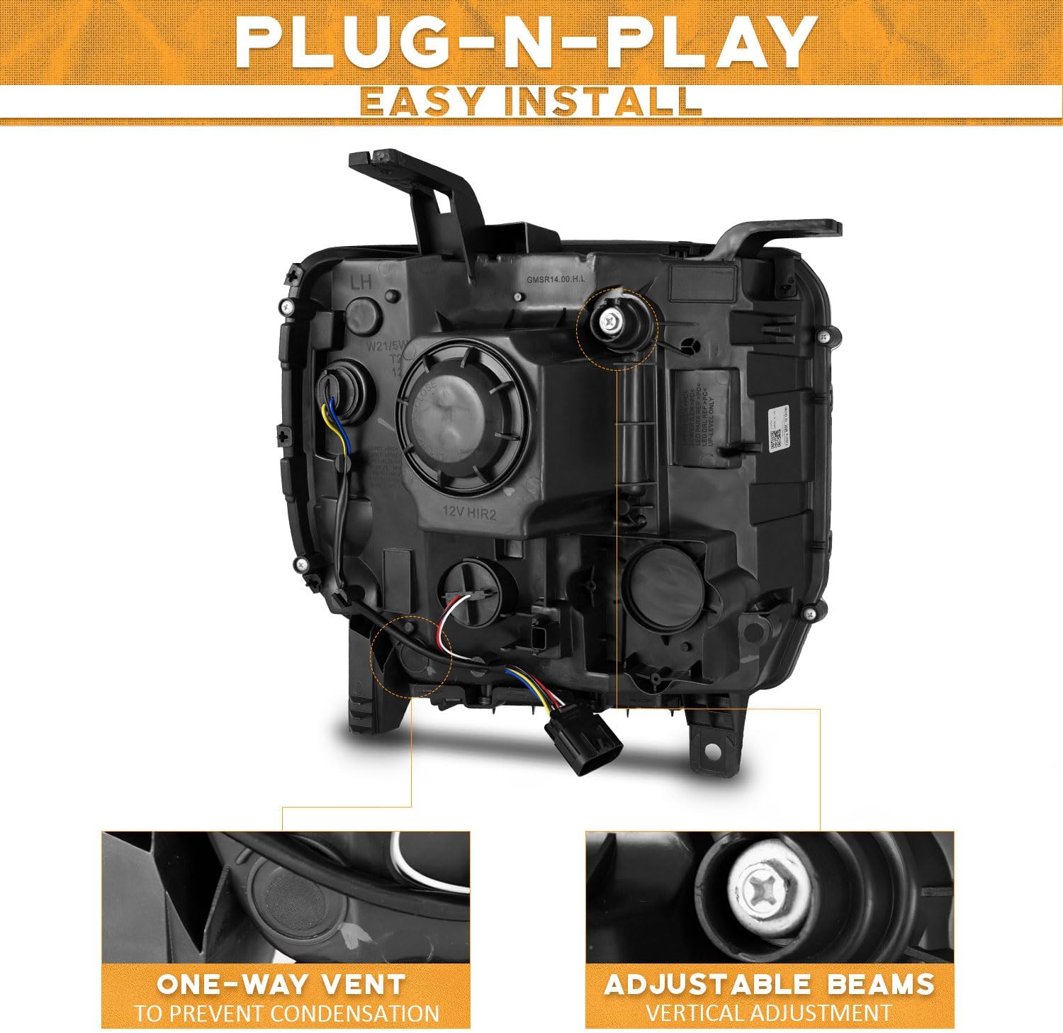 WEELMOTO Headlights Assembly for 2014-2018 GMC Sierra 1500 Base / 2015-2019 GMC Sierra 2500HD / 2015-2019 GMC Sierra 3500HD Replacement Pair Set Chrome Housing NOT for factory LED models