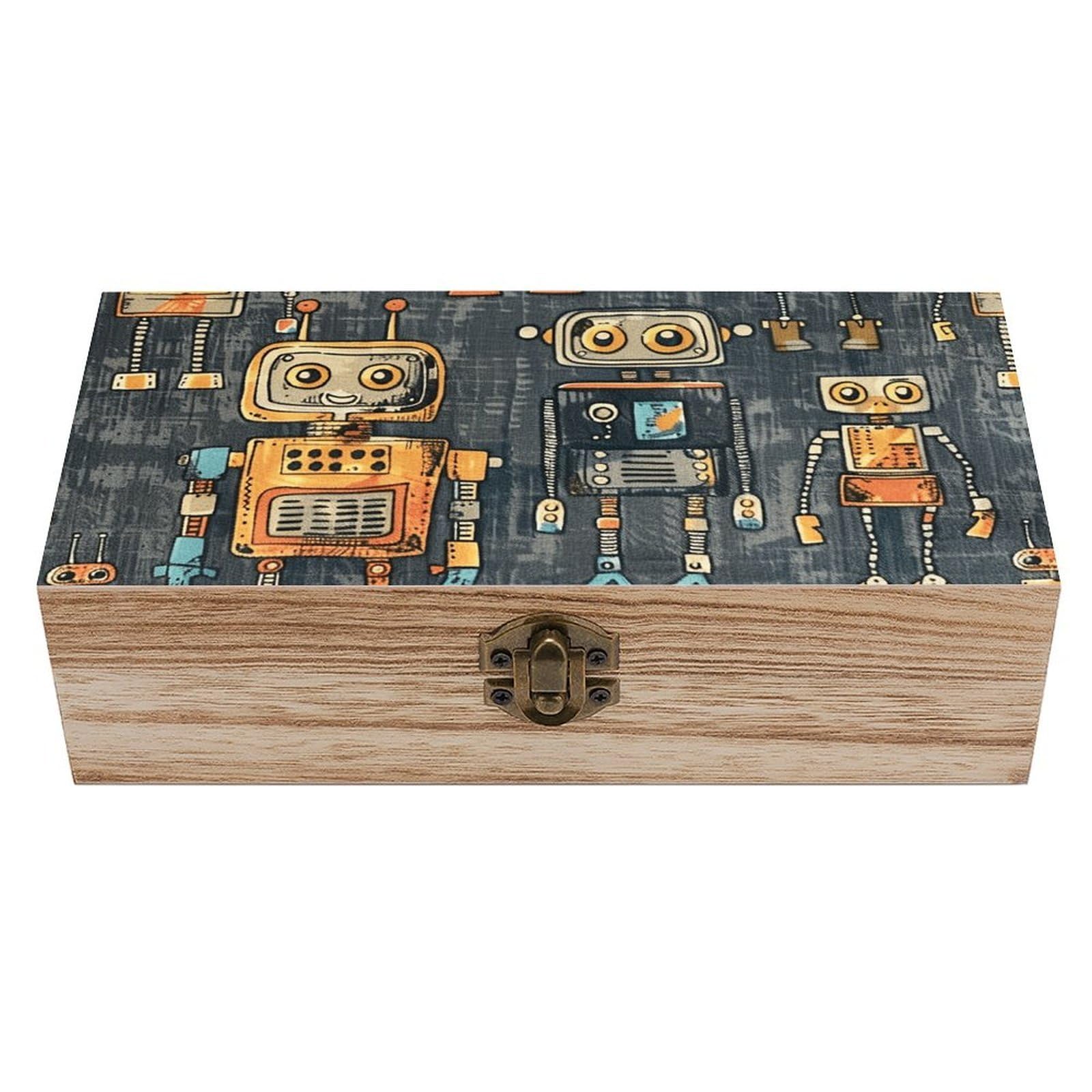 HLBSDM Vintage Wooden Storage Box There Are Many Robots Keepsake Box for Jewelry Photos Letters Elegant Desktop Organizer for Home Office Decor