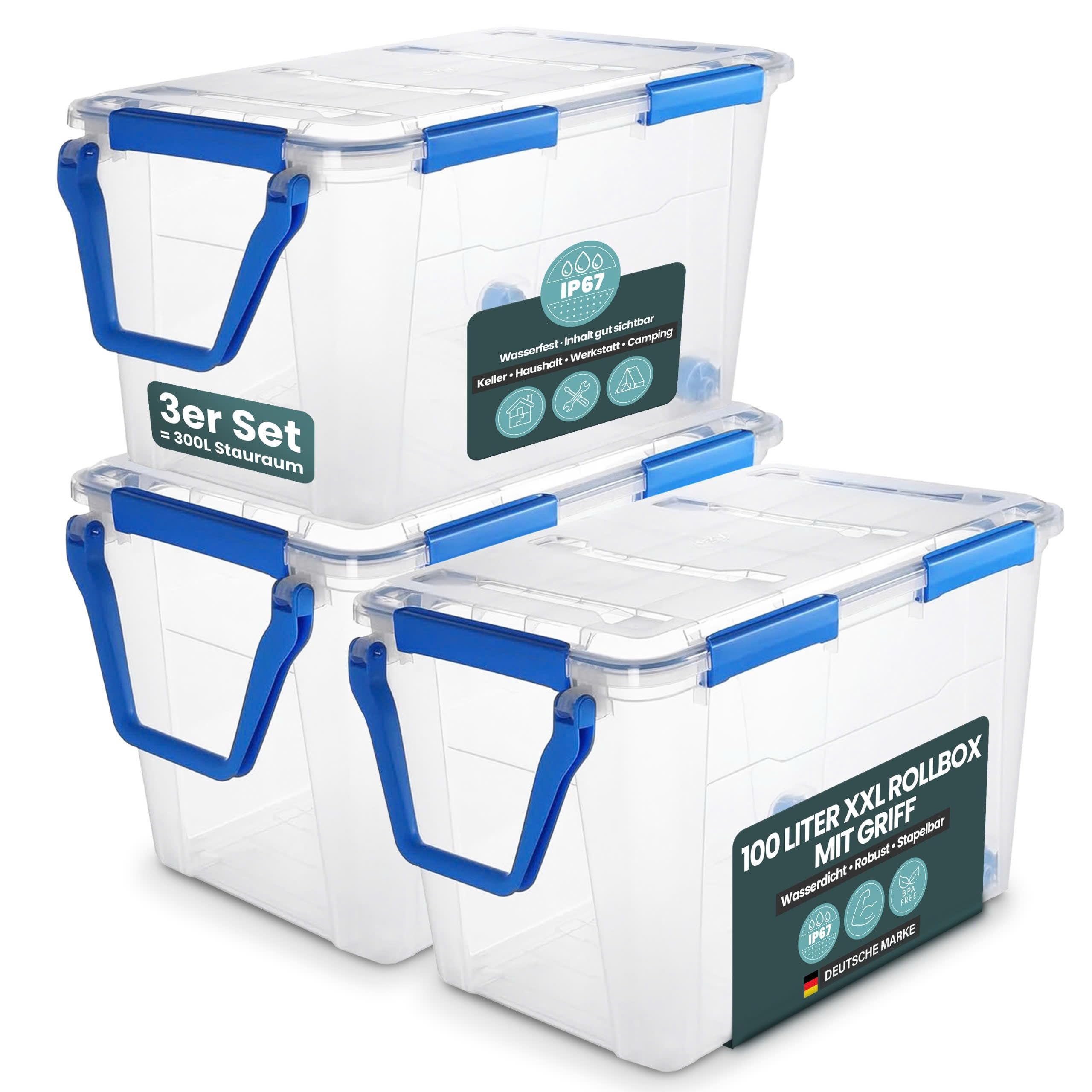 Kreher Boîte de rangement 100 litres avec couvercle, étanche, résistante à la poussière, transparente et empilable, sans BPA et sans substances nocives, boîte en plastique robuste avec joint en