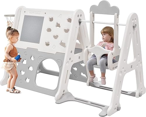 Merax Escalador triangular con columpio, 6 en 1 con marco A para niños pequeños con caballete artístico y aro de baloncesto, juguetes de escalada en