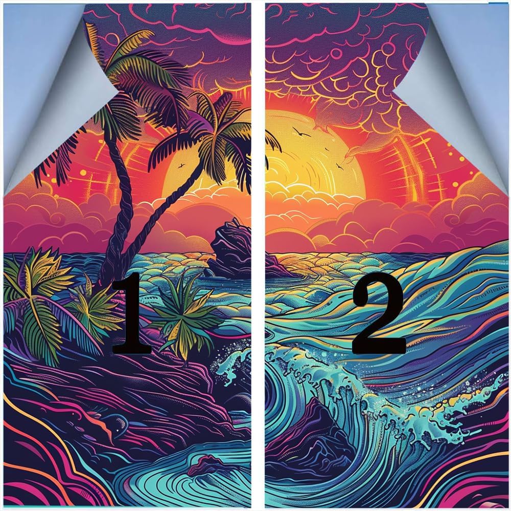 Vintage Ocean Window Film Privacy Nature Island Plants Waves Abstract Sunset Window Sticker for Glass Decorative Frosted Adhesive Sun Blocking Coverings 35.4Wx63L-inch x2 Pcs