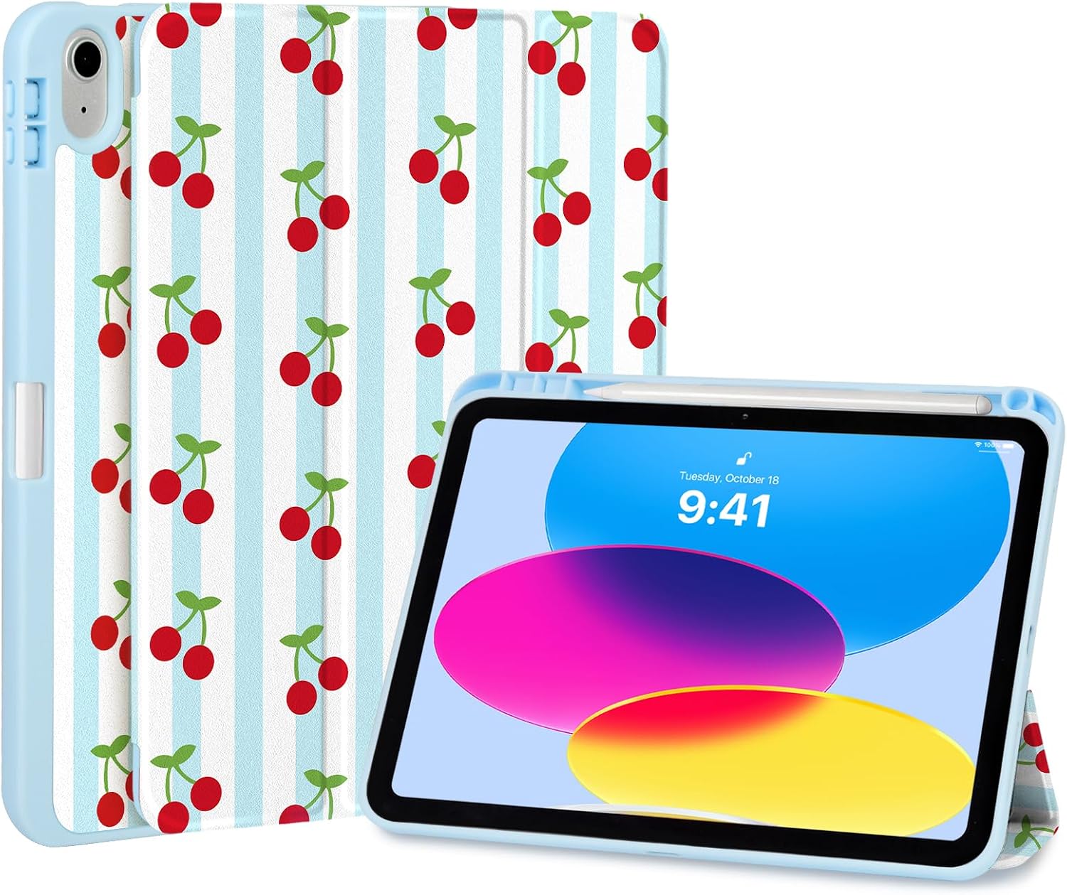 Trifold Stand Case for iPad 11th Generation (A16) 2025 11 Inch/iPad 10th Gen. 2022 10.9 Inch with Pencil Holder, Trendy Striped Cherry Pattern Stylish Aesthetic Design Protective Cover-Blue