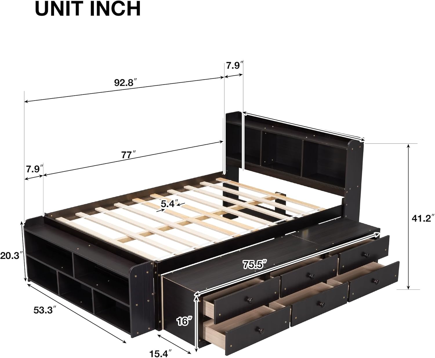 Full Bed with Bookcase Headboard, Under Bed Storage Drawers and Bed End Storage Case,Espresso