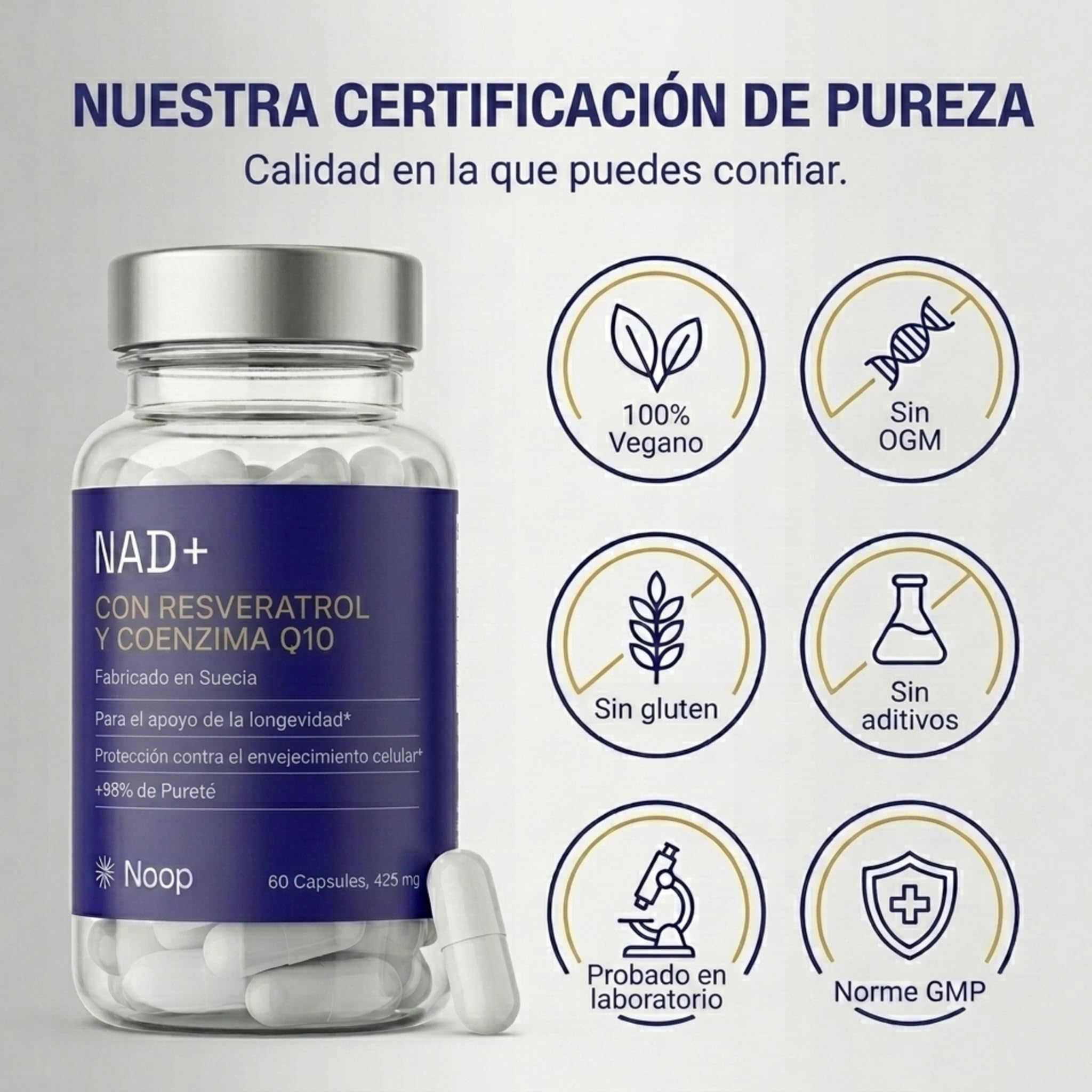 NOOP NAD Plus Complejo con Resveratrol y Coenzima Q10 Suplemento Alimenticio Premium Anti-Envejecimiento con Propiedades Antioxidantes Vegano y Analizado en Laboratorio, Hecho en Suecia