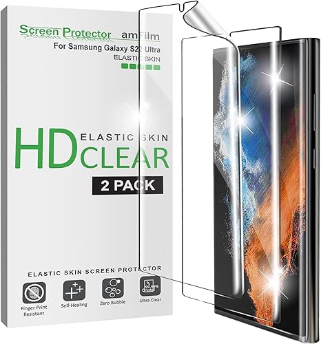 amFilm Paquete de 2 protectores de pantalla elásticos para Samsung Galaxy S22 Ultra 5G de 6.8 pulgadas, compatible con identificación de huellas