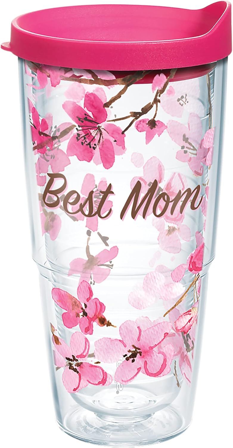Tervis Cherry Blossom Best Mom Insulated Tumbler with Wrap and Fuschia Lid 24oz, Clear