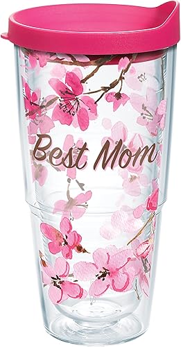 Tervis Cherry Blossom Best Mom - Vaso aislado con envoltura y tapa fucsia, 24 onzas, transparente