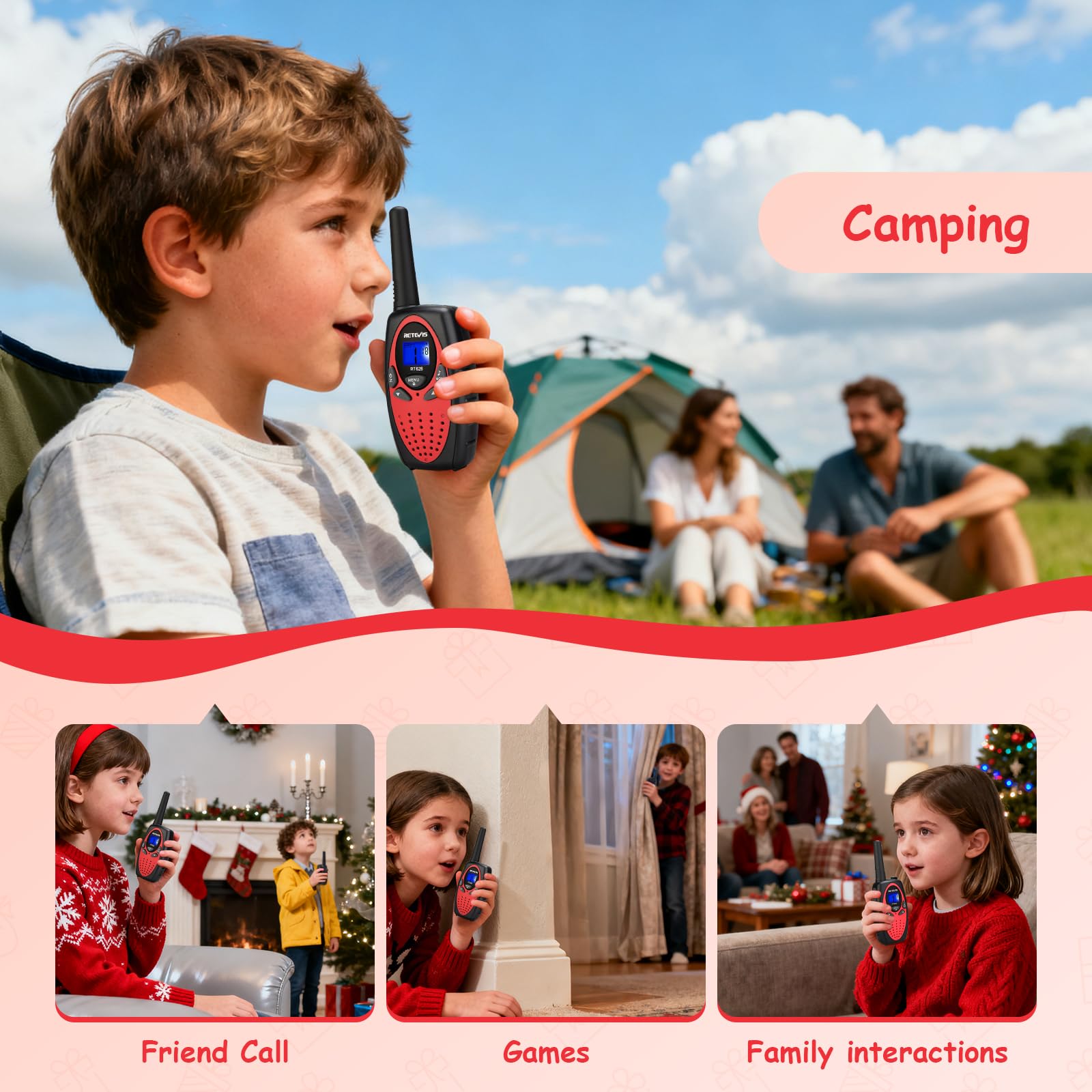 Retevis RT628 Kids Walkie Talkies PMR446 8 kanałów LCD VOX 10 dzwonków dla dzieci (4 szt., czerwone)