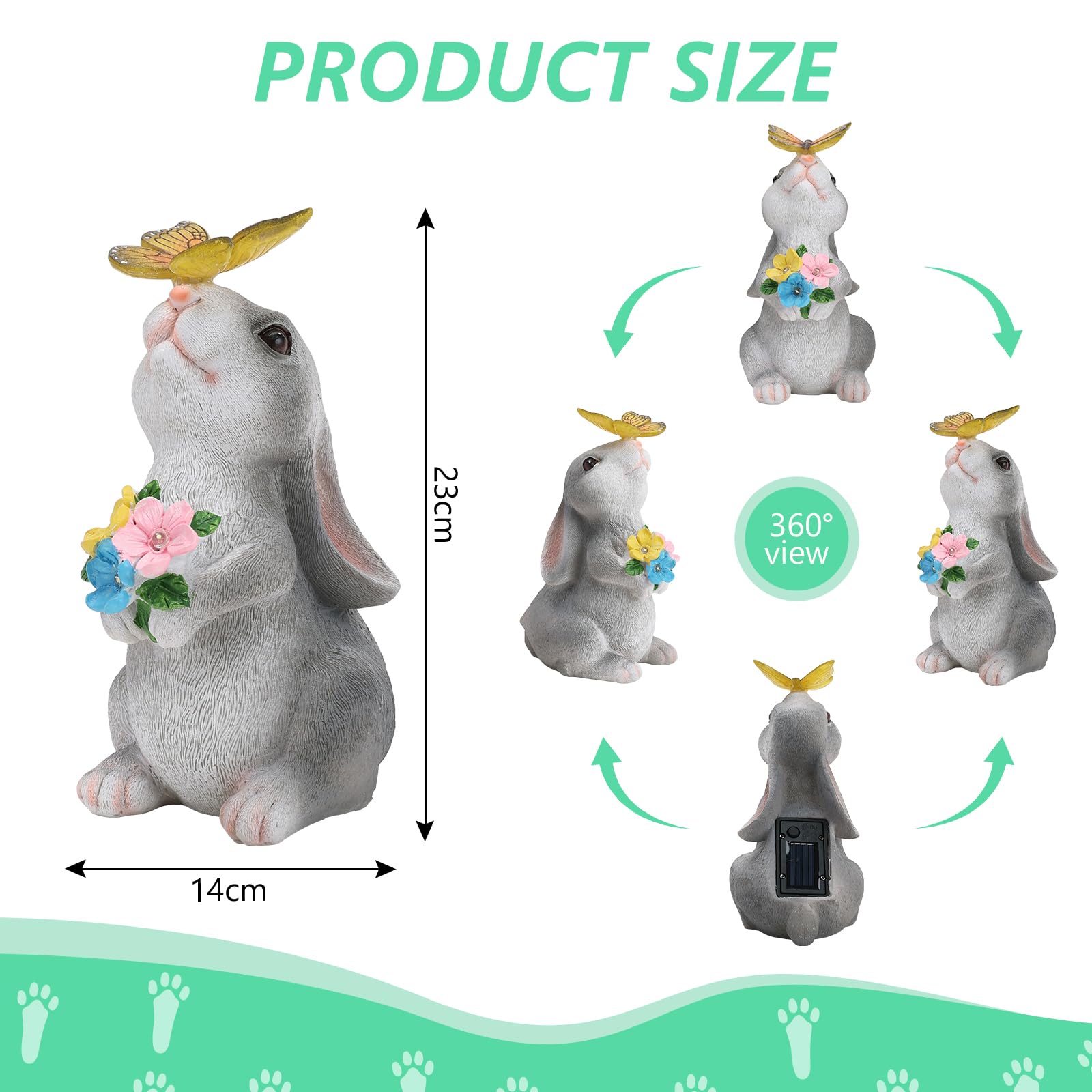 Cuteefun Statue Solaire de Jardin Lapin Ornament Outdoor, Figurine d'animal de Jardin avec Lumière Solaire, Lapin Décoratif pour la Cour, Cadeau de Pendaison de Crémaillère