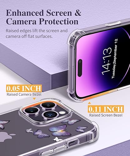Miniatura 5 de GVIEWIN Funda para iPhone 14 Pro con protector de pantalla y protector de lente de cámara, diseño floral, delgado, a prueba de golpes, de