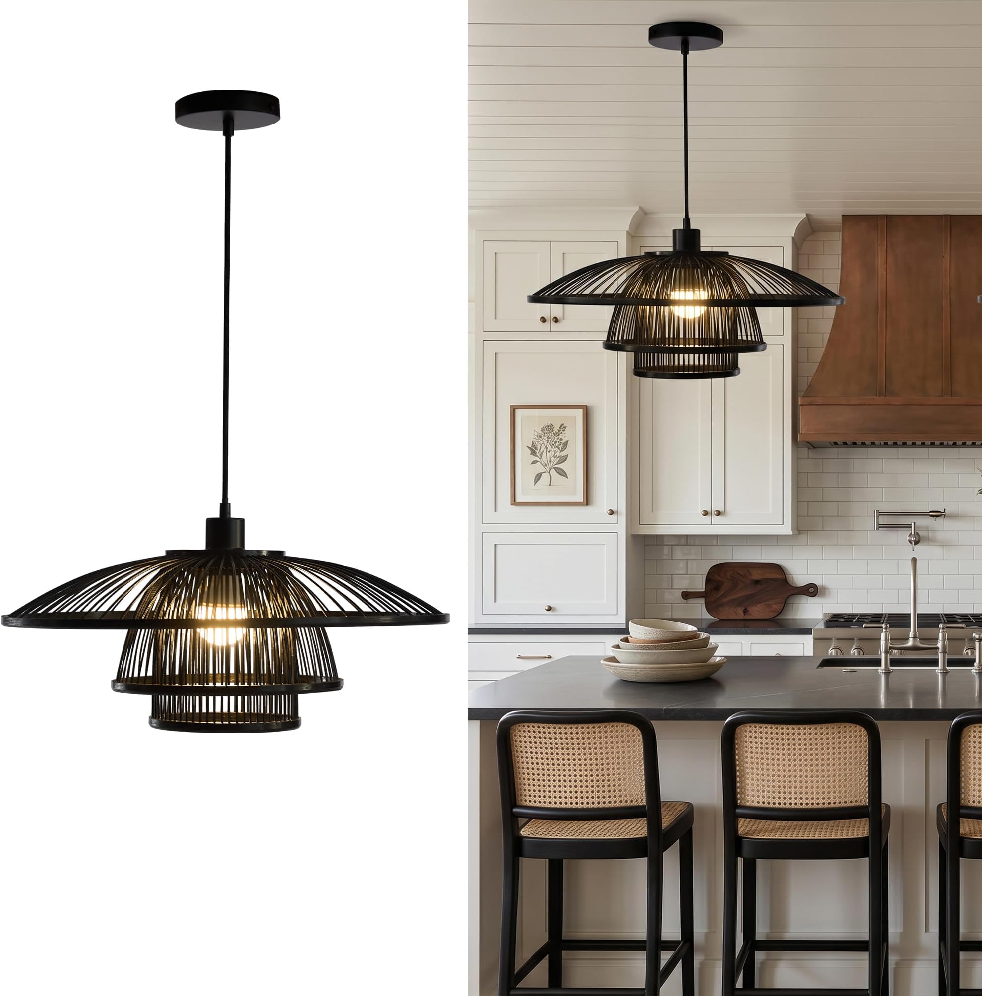 Pendant Light for Kitchen Island, Boho Bamboo Hand-Woven Light Fixture, Adjustable Height Hanging Lamp for Dining Room, Bedroom, Entryway, Black