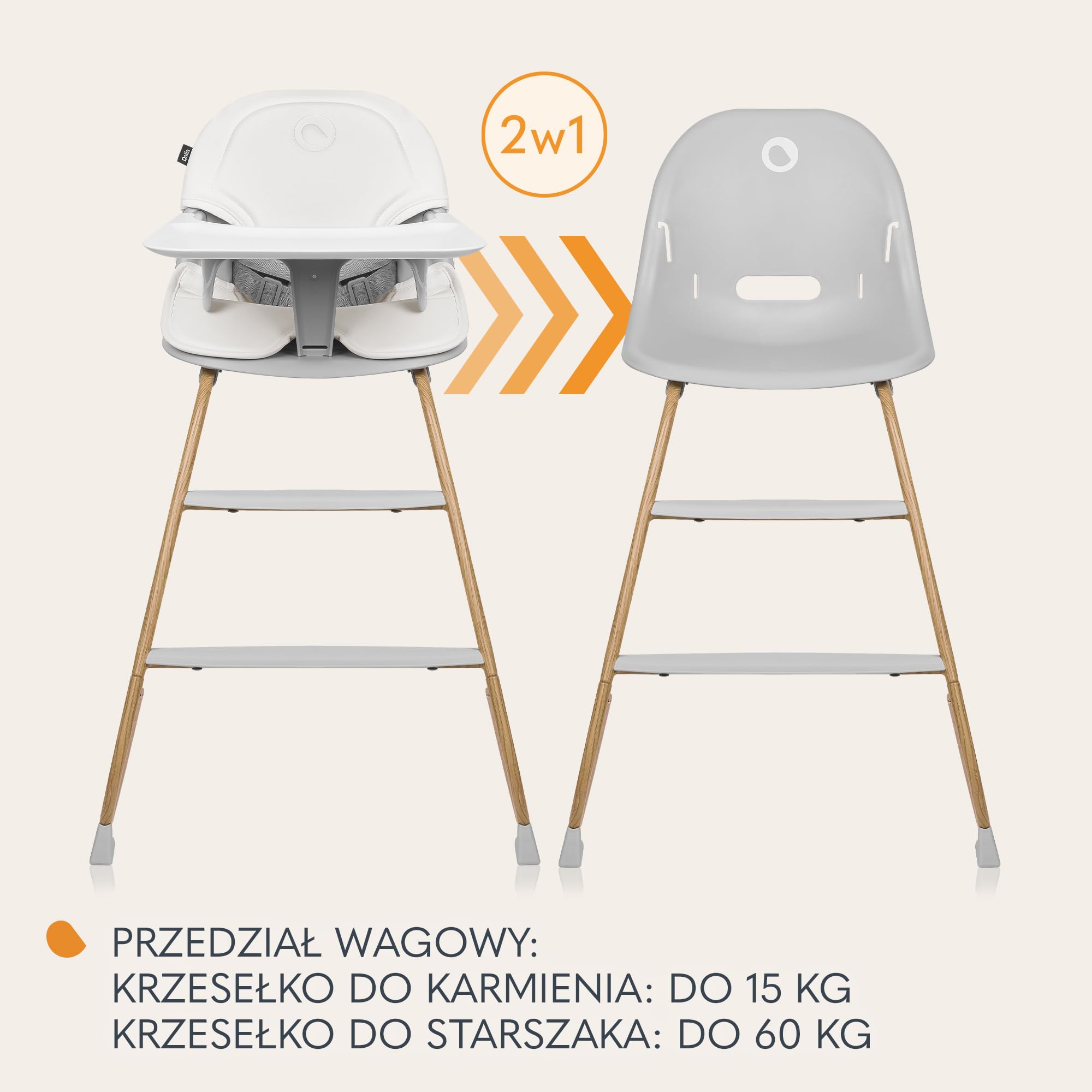 LIONELO DALIA 2 w 1 Krzesełko Dziecięce do Karmienia 6-36 miesięcy 15 kg, Krzesełko dla Starszych Dzieci do 60 kg, 5-Punktowe Pasy, 2 Podnóżki, Taca, Rośnie wraz Dzieckiem (Szary naturalny)