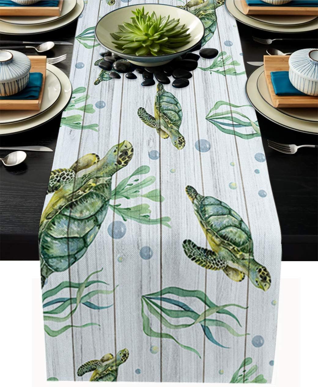 Ocean Turtle Table Runners 120 Inches Long Burlap Linen
