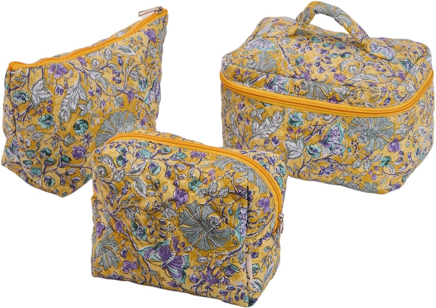 Watercolor Butterfly Quilted Cotton Cosmetic Zipper Pouch, Large Capacity Makeup Accessories Storage Bag for Women Girls, Aesthetic Coquette Travel Toiletry Organizer (Set of 3)