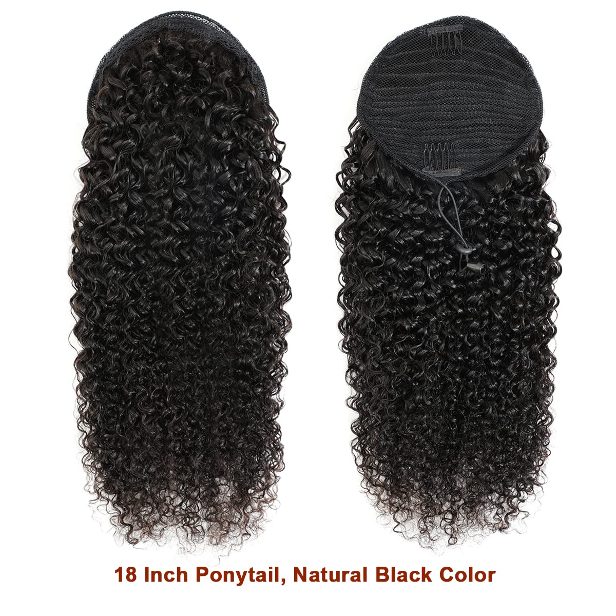 18''Curly Human Hair Ponytail with Wrap Drawstring 3C Remy Brazilian Human Hair Natural Color Afro Kinky Curly Hair Piece Clip-in Extensions Remy Hair Pieces for Women Remy Hair 100Gram/Pc