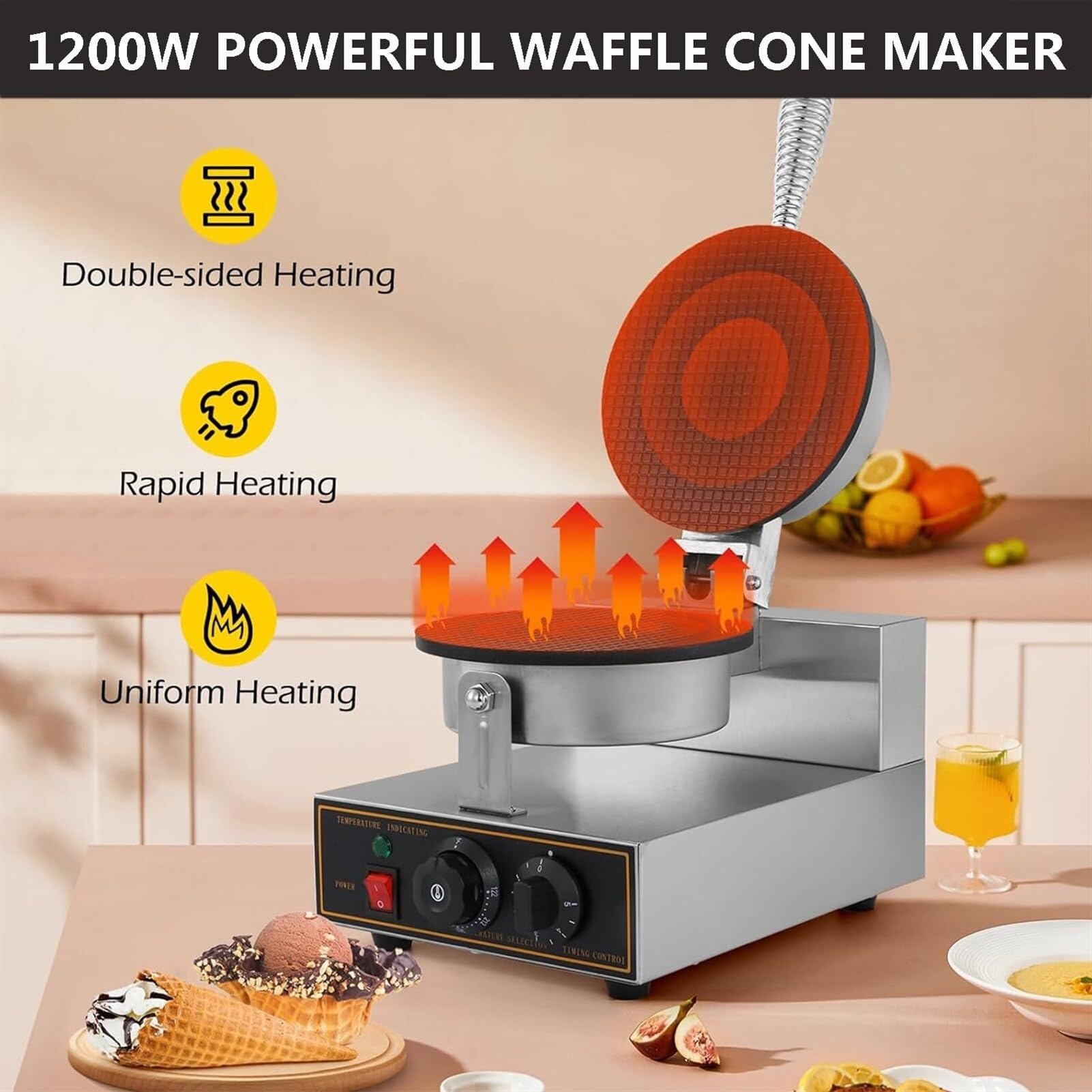 Máquina Comercial para Hacer Conos de Helado, máquina Antiadherente para Hacer Conos de gofres enrollados de Huevo de 1200 W, Plancha eléctrica para Hacer gofres enrollados de huev,