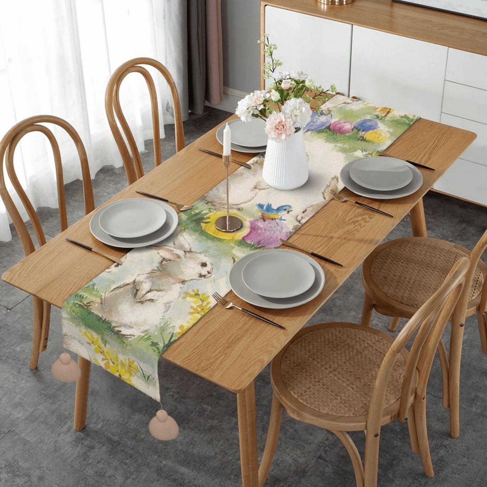 Chemin de table en lin imprimé floral lapin Pâques décoration table automne
