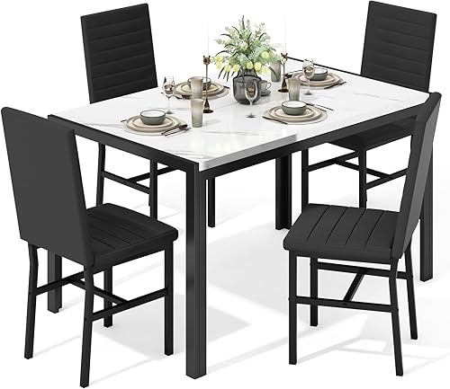 Miniatura 12 de Recaceik Juego de mesa de comedor para 4, juego moderno de 5 piezas con mesa de cocina de mármol sintético y 4 sillas tapizadas en terciopelo, juego