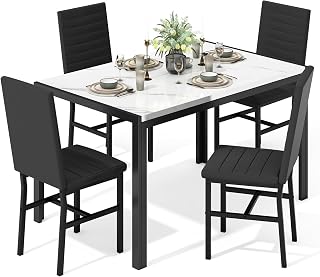 Recaceik Dining Table Set for 4, Modern 5 Piece Dining Table Set Faux Marble Kitchen Table & 4 Velvet Upholstered Chairs, Dining Room Set for Small Space