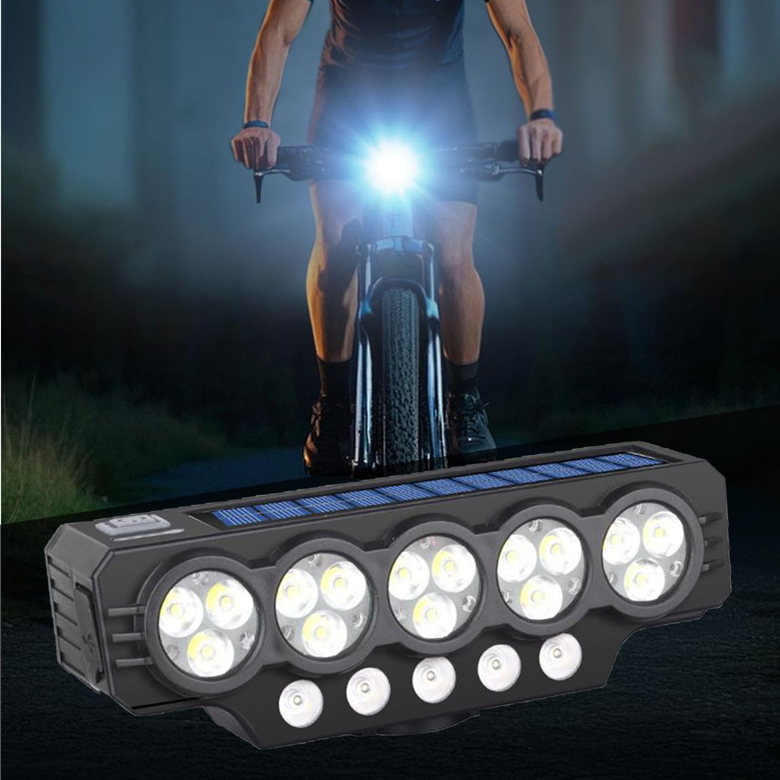 Faro per bicicletta ricaricabile – Luci solari anteriori per bici per guida notturna, torcia super luminosa con clacson, ricaricabile tramite USB, per mountain bike, scooter, ciclismo, guida notturna